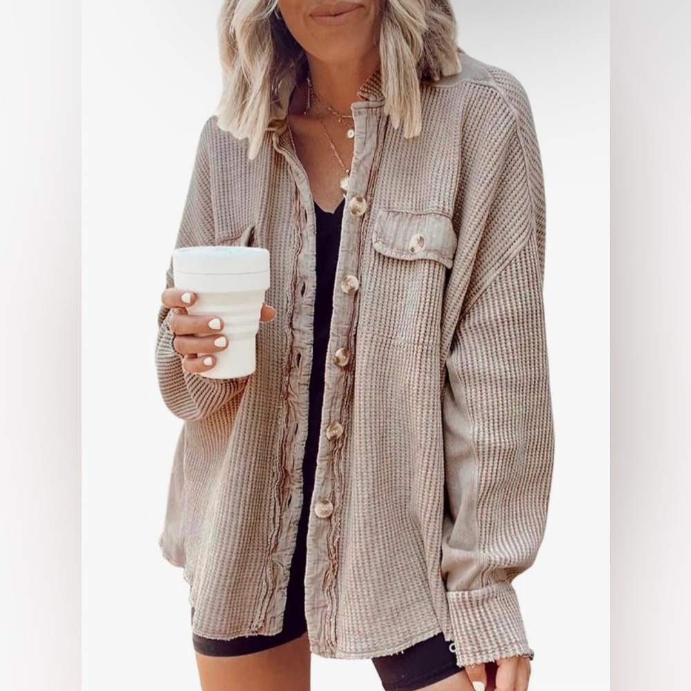 Anna Kaci Large Womens Waffle Knit Shacket Boyfriend Shirt Jacket